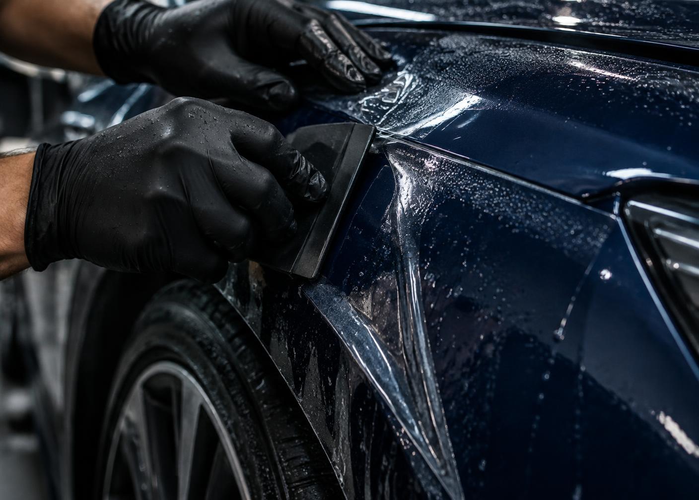 Installer squeegeeing paint protection film onto a dark blue vehicle fender